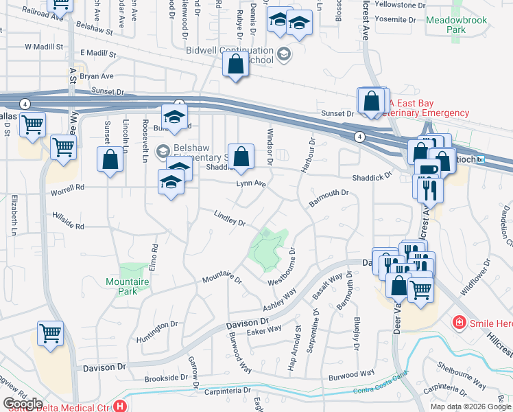 map of restaurants, bars, coffee shops, grocery stores, and more near 3017 Windsor Drive in Antioch