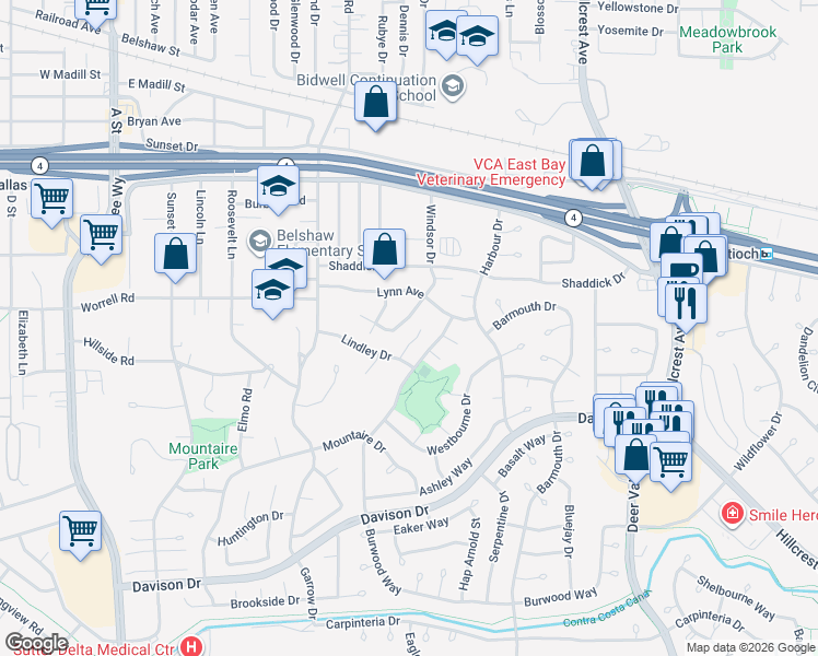 map of restaurants, bars, coffee shops, grocery stores, and more near 3005 Windsor Drive in Antioch