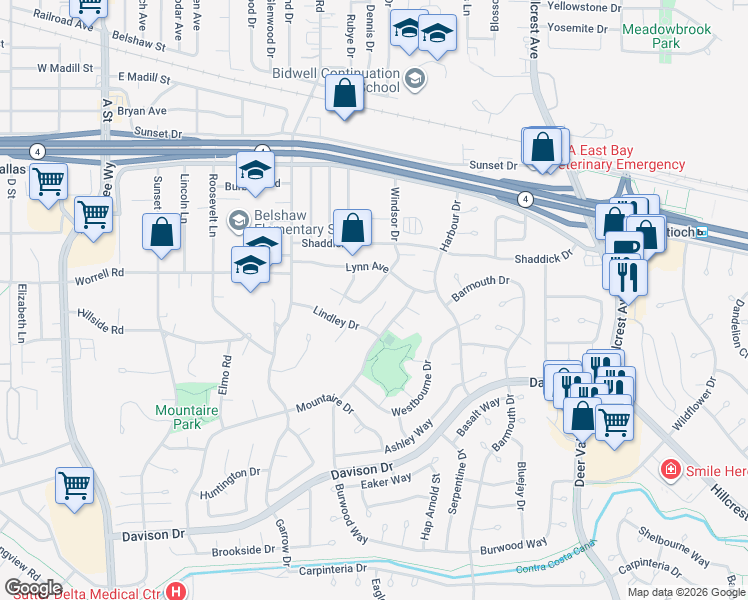 map of restaurants, bars, coffee shops, grocery stores, and more near 3017 Windsor Drive in Antioch