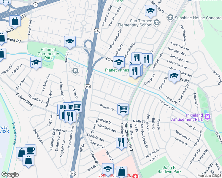 map of restaurants, bars, coffee shops, grocery stores, and more near 3025 Gratton Way in Concord