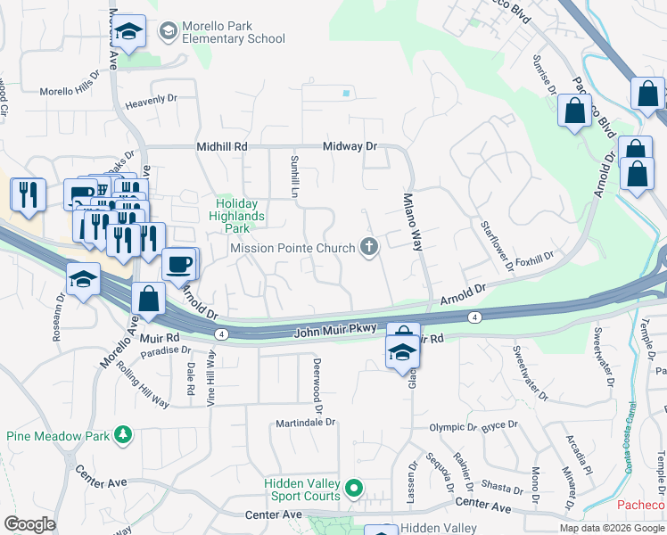 map of restaurants, bars, coffee shops, grocery stores, and more near 184 Holiday Hills Drive in Martinez