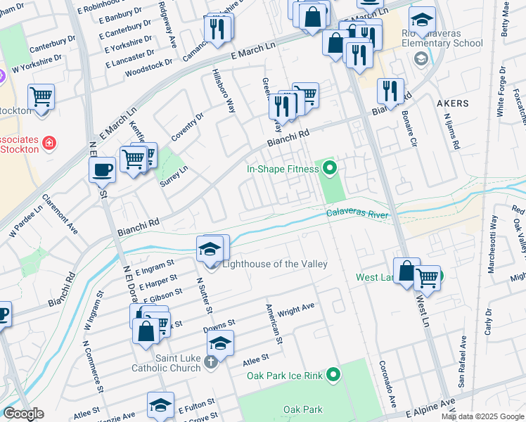 map of restaurants, bars, coffee shops, grocery stores, and more near 446 Caribrook Way in Stockton