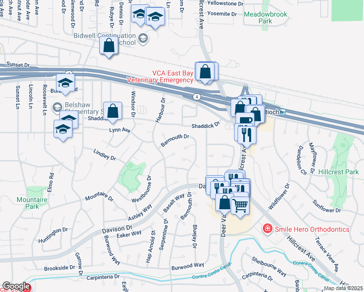 map of restaurants, bars, coffee shops, grocery stores, and more near 1216 Marcus Court in Antioch