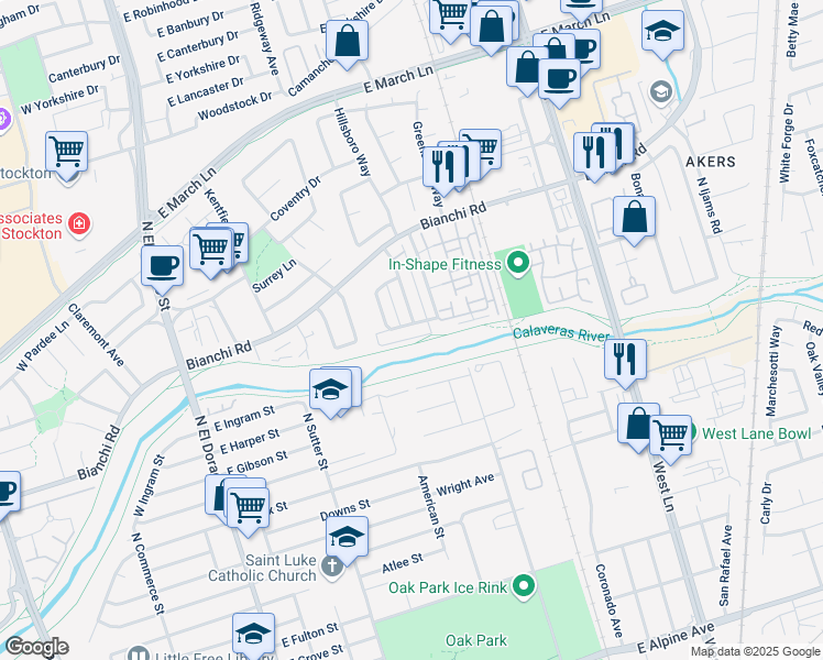 map of restaurants, bars, coffee shops, grocery stores, and more near 4401 Townehome Drive in Stockton
