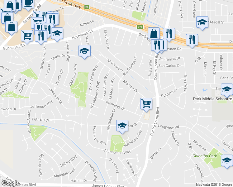 map of restaurants, bars, coffee shops, grocery stores, and more near 2936 Rio Grande Drive in Antioch