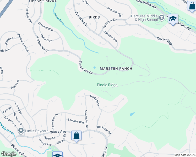 map of restaurants, bars, coffee shops, grocery stores, and more near 1116 Turquoise Drive in Hercules