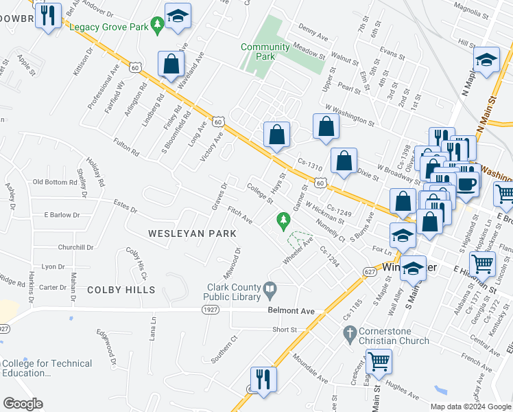 map of restaurants, bars, coffee shops, grocery stores, and more near 510 College Street in Winchester