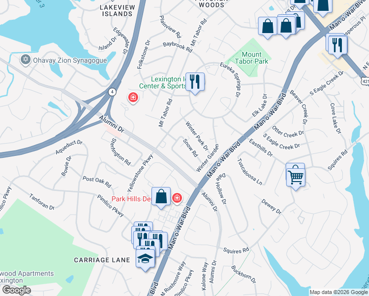map of restaurants, bars, coffee shops, grocery stores, and more near 2829 Snow Road in Lexington