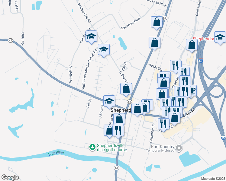 map of restaurants, bars, coffee shops, grocery stores, and more near 218 Cherry Street in Shepherdsville