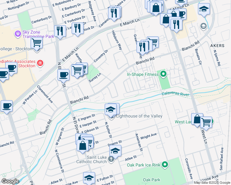 map of restaurants, bars, coffee shops, grocery stores, and more near 4470 Dorset Street in Stockton