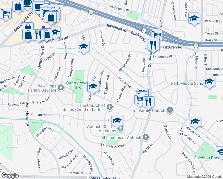 map of restaurants, bars, coffee shops, grocery stores, and more near 2936 Rio Grande Drive in Antioch