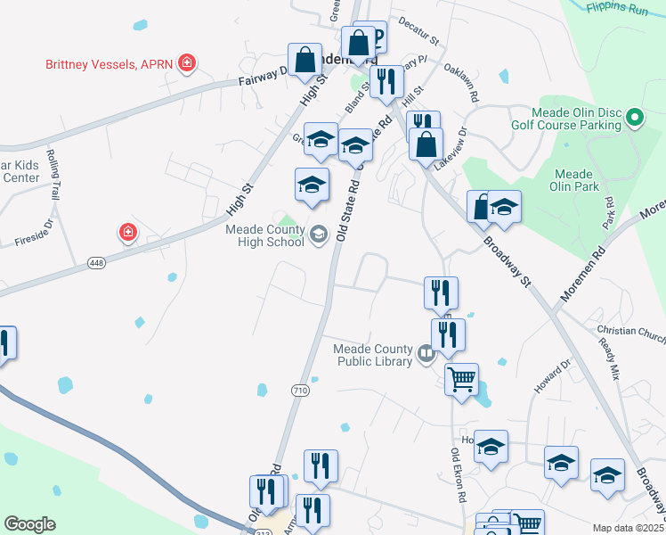 map of restaurants, bars, coffee shops, grocery stores, and more near 1000 Old State Road in Brandenburg