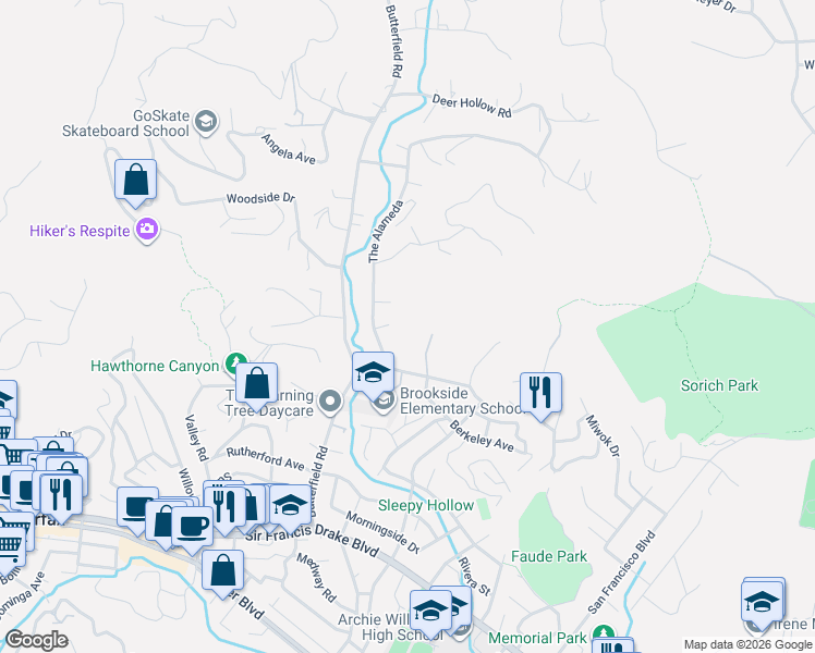 map of restaurants, bars, coffee shops, grocery stores, and more near 14 Ray Court in San Anselmo