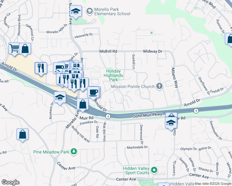 map of restaurants, bars, coffee shops, grocery stores, and more near 142 Fig Tree Lane in Martinez
