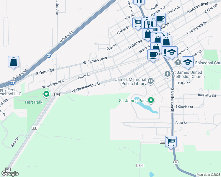 map of restaurants, bars, coffee shops, grocery stores, and more near 518 West Washington Street in Saint James