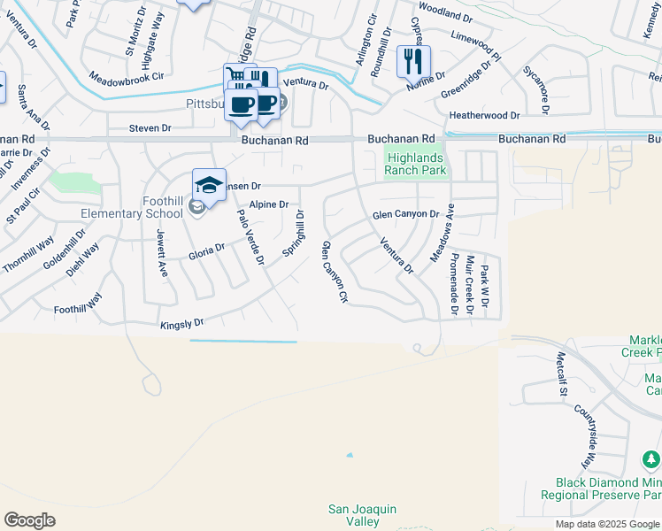 map of restaurants, bars, coffee shops, grocery stores, and more near 4350 Glen Canyon Circle in Pittsburg