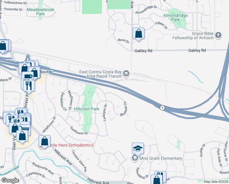 map of restaurants, bars, coffee shops, grocery stores, and more near 2721 Bluebell Circle in Antioch