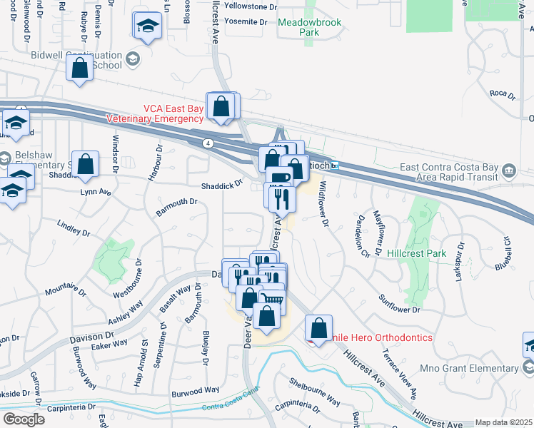 map of restaurants, bars, coffee shops, grocery stores, and more near 1433 Mellissa Circle in Antioch