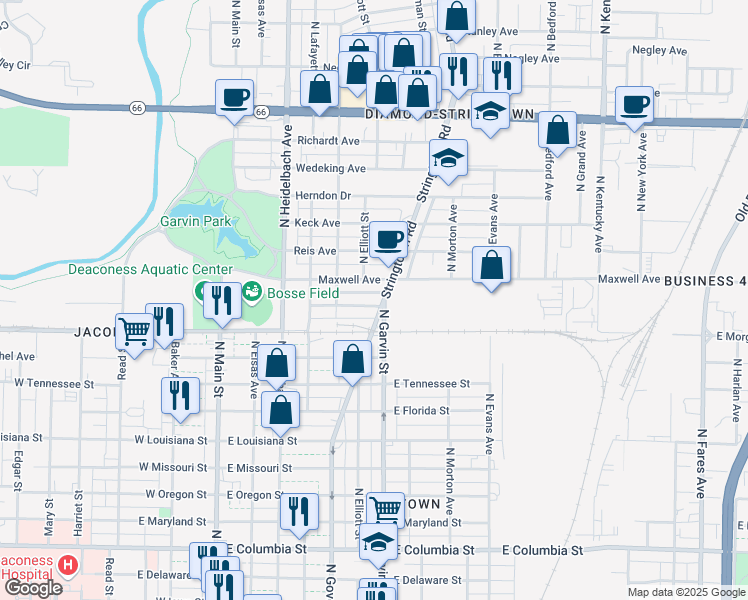 map of restaurants, bars, coffee shops, grocery stores, and more near 432 Enlow Avenue in Evansville