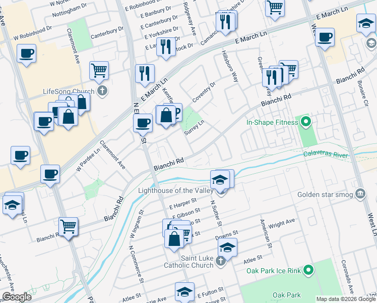 map of restaurants, bars, coffee shops, grocery stores, and more near 4545 Kentfield Road in Stockton