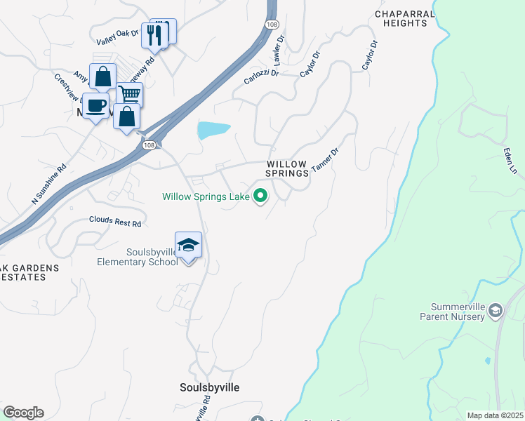 map of restaurants, bars, coffee shops, grocery stores, and more near 20434 Sherry Court in Soulsbyville