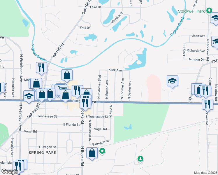 map of restaurants, bars, coffee shops, grocery stores, and more near 1801 North Ruston Avenue in Evansville