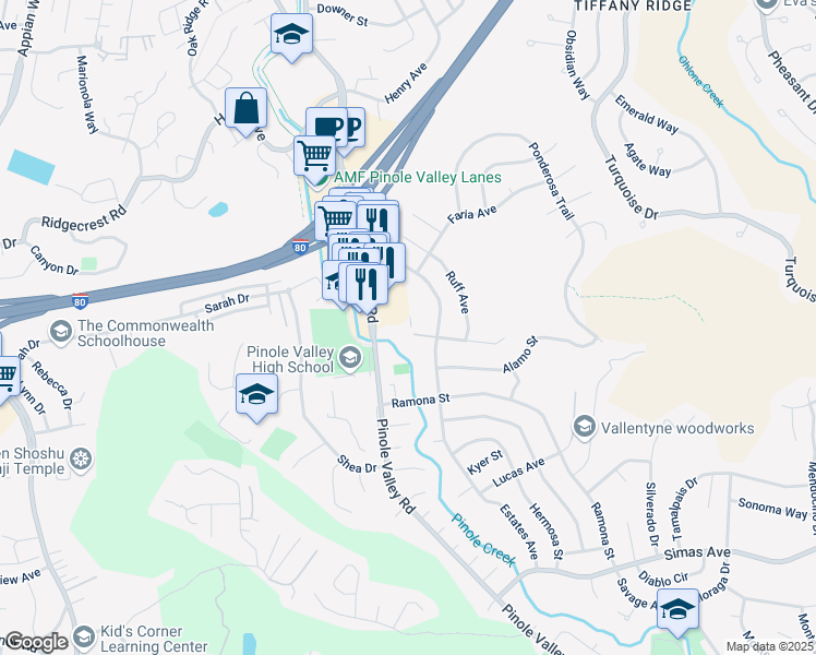 map of restaurants, bars, coffee shops, grocery stores, and more near 2345 Paloma Court in Pinole