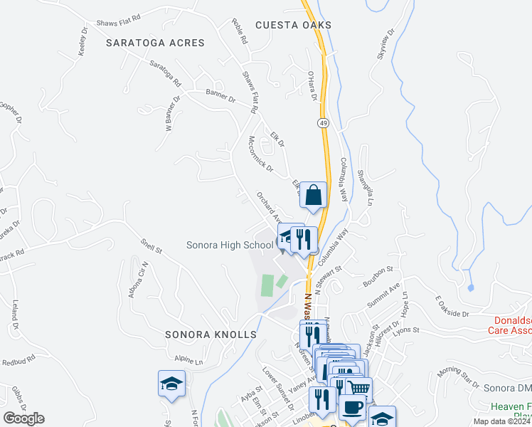 map of restaurants, bars, coffee shops, grocery stores, and more near 609 Shaws Flat Road in Sonora