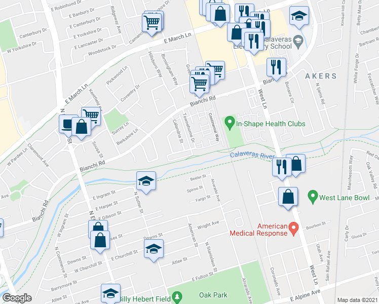 map of restaurants, bars, coffee shops, grocery stores, and more near 4401 Townehome Drive in Stockton