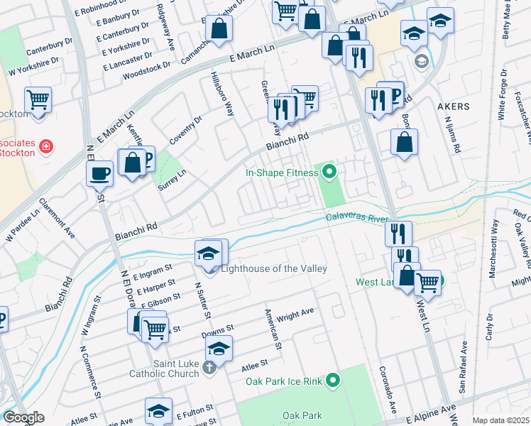 map of restaurants, bars, coffee shops, grocery stores, and more near 4401 Townehome Drive in Stockton