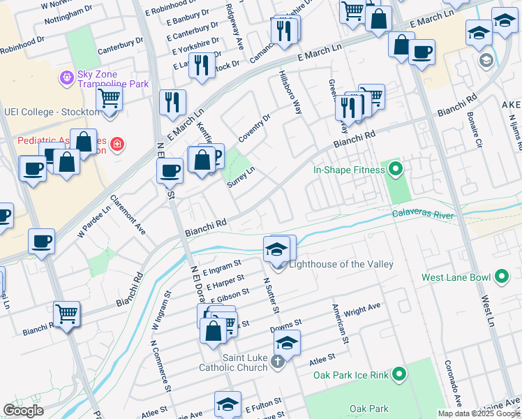 map of restaurants, bars, coffee shops, grocery stores, and more near 242 East Bianchi Road in Stockton