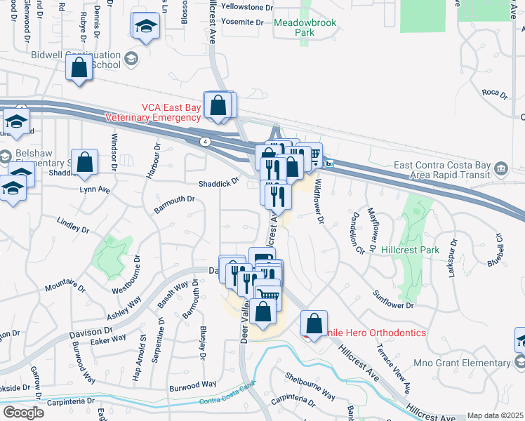 map of restaurants, bars, coffee shops, grocery stores, and more near 1433 Mellissa Circle in Antioch