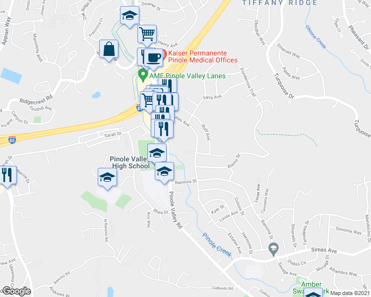 map of restaurants, bars, coffee shops, grocery stores, and more near 2345 Paloma Court in Pinole