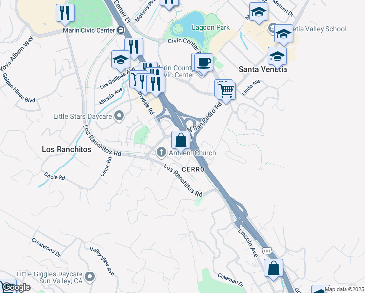 map of restaurants, bars, coffee shops, grocery stores, and more near 50 Merrydale Road in San Rafael