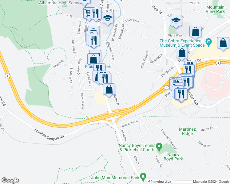 map of restaurants, bars, coffee shops, grocery stores, and more near 4131 South Castro Street in Martinez