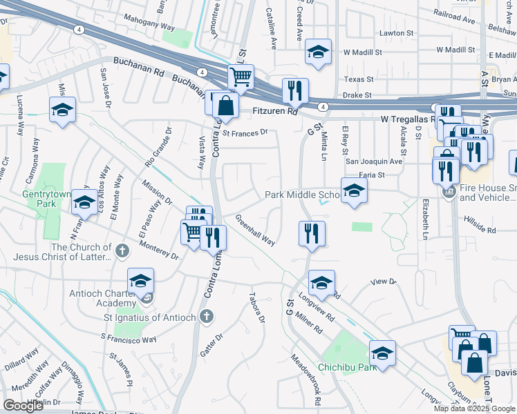 map of restaurants, bars, coffee shops, grocery stores, and more near 1005 Putnam Street in Antioch