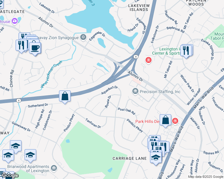 map of restaurants, bars, coffee shops, grocery stores, and more near 3230 Aqueduct Drive in Lexington