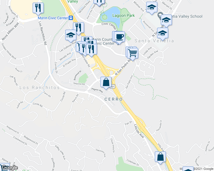 map of restaurants, bars, coffee shops, grocery stores, and more near 50 Merrydale Road in San Rafael
