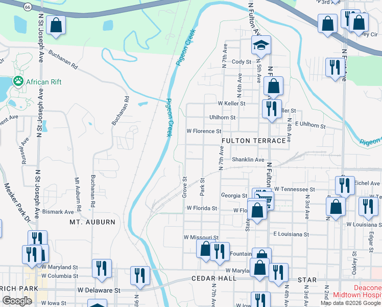 map of restaurants, bars, coffee shops, grocery stores, and more near 1602 Park Street in Evansville