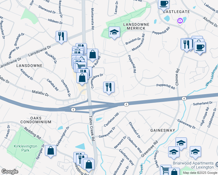 map of restaurants, bars, coffee shops, grocery stores, and more near 3601 Humphrey Lane in Lexington