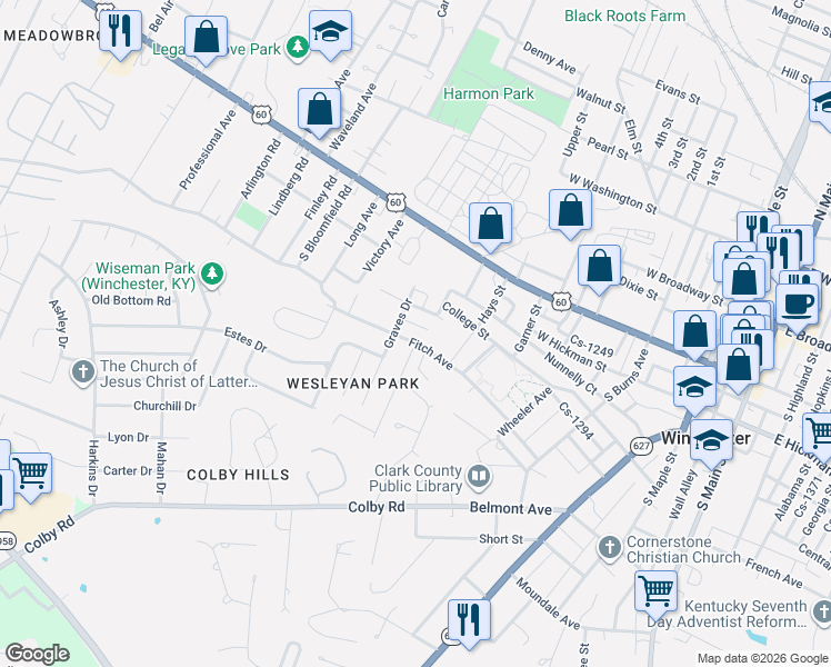 map of restaurants, bars, coffee shops, grocery stores, and more near 606 College Street in Winchester