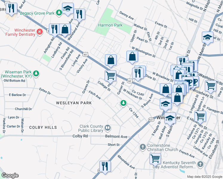 map of restaurants, bars, coffee shops, grocery stores, and more near 405 College Street in Winchester