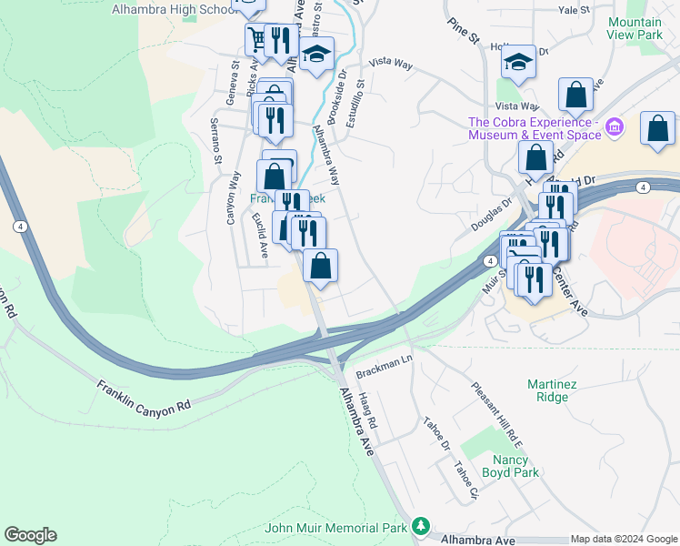 map of restaurants, bars, coffee shops, grocery stores, and more near 4131 South Castro Street in Martinez