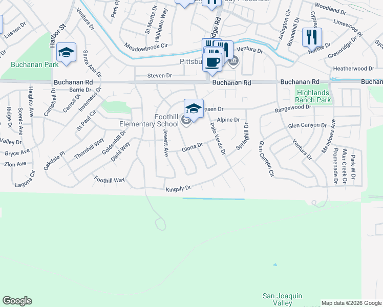 map of restaurants, bars, coffee shops, grocery stores, and more near 1158 Jensen Circle in Pittsburg