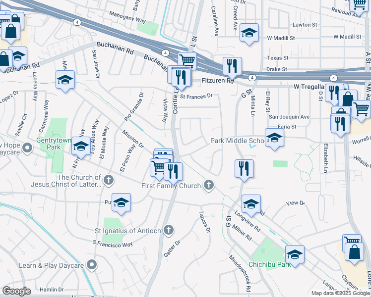 map of restaurants, bars, coffee shops, grocery stores, and more near 1029 Doncaster Drive in Antioch