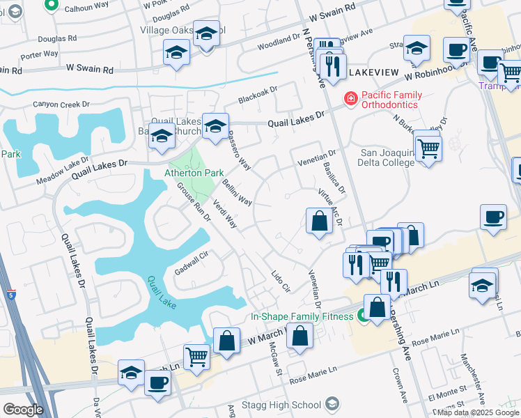 map of restaurants, bars, coffee shops, grocery stores, and more near 1922 Venetian Drive in Stockton