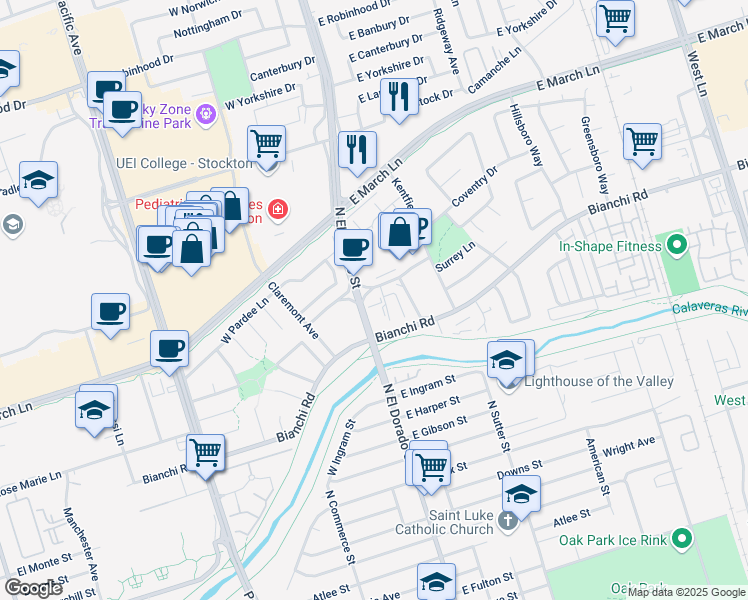 map of restaurants, bars, coffee shops, grocery stores, and more near 4550 Shelley Court in Stockton