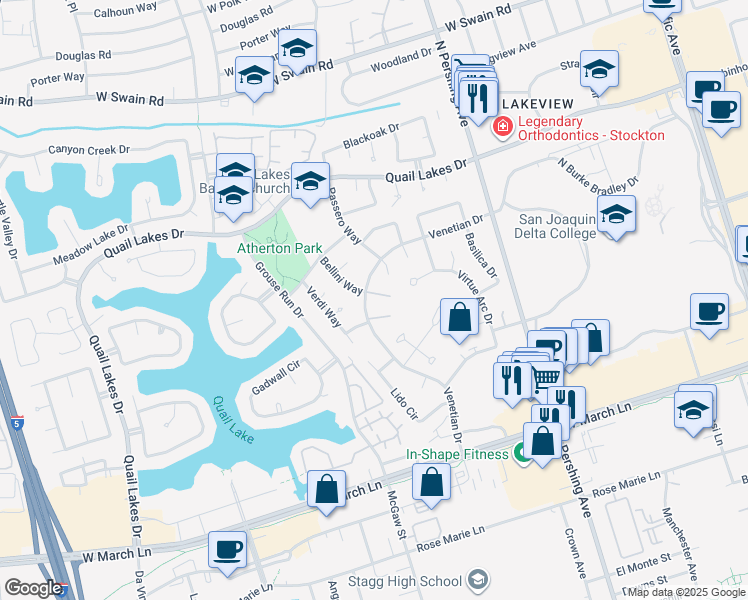 map of restaurants, bars, coffee shops, grocery stores, and more near 1922 Venetian Drive in Stockton