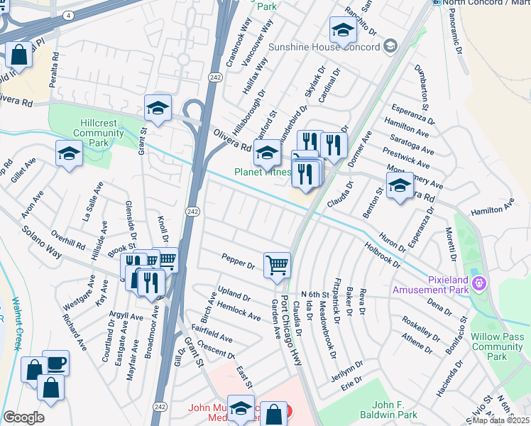 map of restaurants, bars, coffee shops, grocery stores, and more near 3043 Gratton Way in Concord