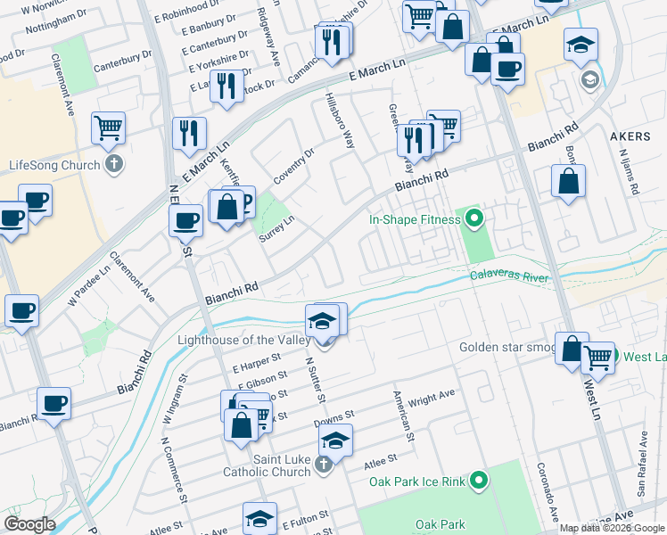 map of restaurants, bars, coffee shops, grocery stores, and more near 4470 Dorset Street in Stockton